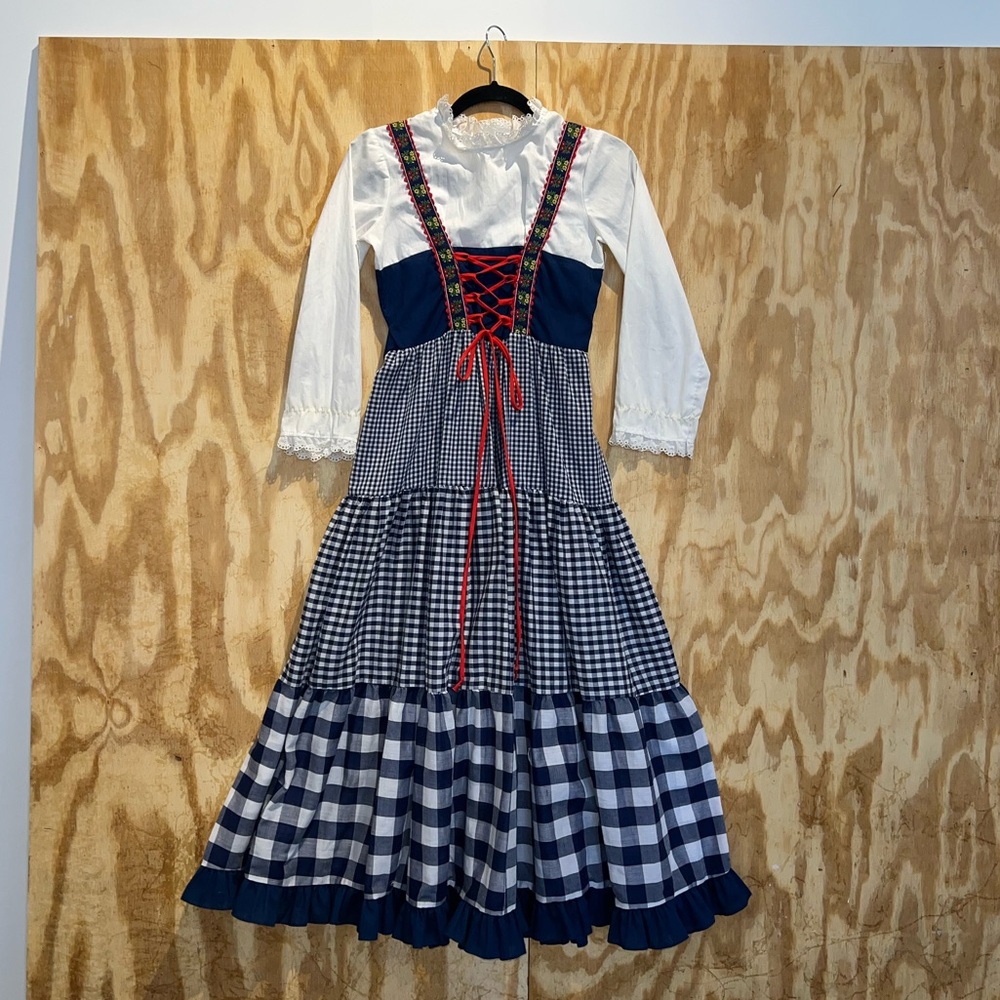 Vintage 70s Girls Prairie Maxi Dress Size XS Blue Gingham Tiered Eyelet Trim
